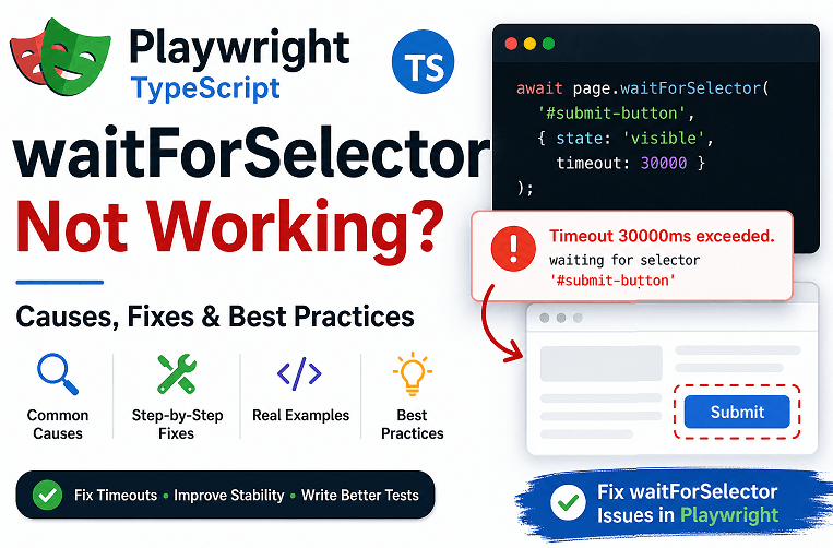 Playwright waitForSelector not working example showing timeout error 30000ms exceeded and how to fix using locator in TypeScript