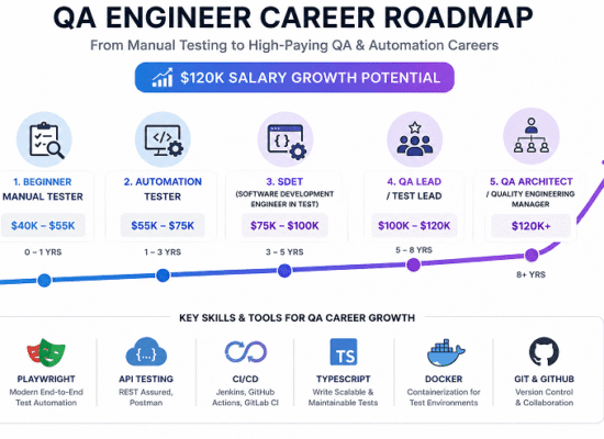 qa-career-roadmap-120k-salary-guide-2026 | Software Testing Tutorials QA Career Roadmap showing progression from manual testing to automation tester, SDET, and QA architect roles with salary growth in 2026