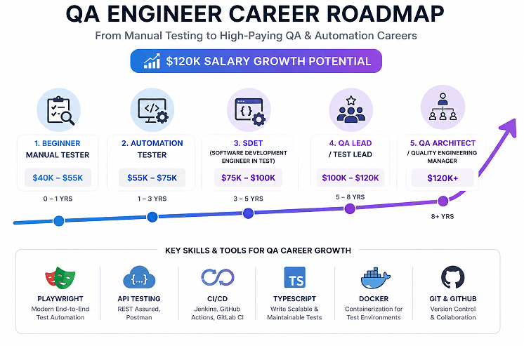 QA Career Roadmap showing progression from manual testing to automation tester, SDET, and QA architect roles with salary growth in 2026