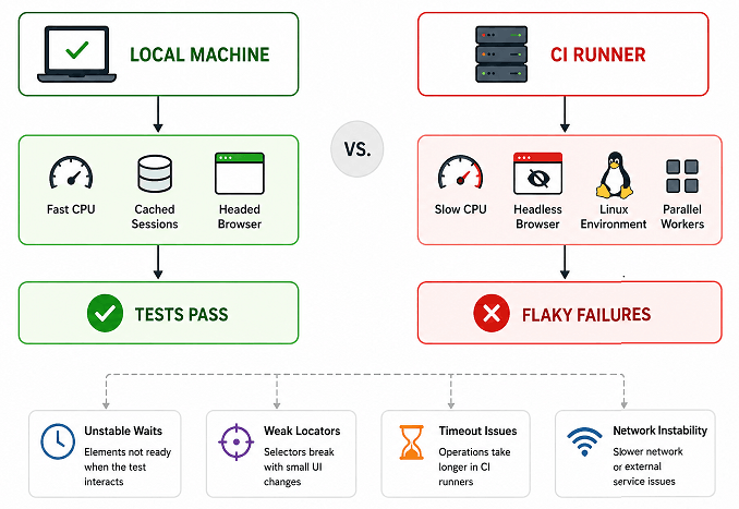 why-playwright-tests-fail-in-ci-environment | Software Testing Tutorials Diagram showing why Playwright tests fail in CI environments because of slower runners, headless browsers, and unstable synchronization
