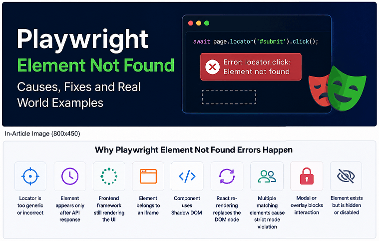 Playwright cannot find element error showing common causes, debugging steps, and practical fixes for locator and rendering issues