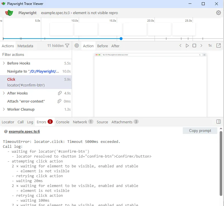 playwright-element-is-not-visible-trace-log | Software Testing Tutorials Playwright Trace Viewer showing the element is not visible error log line