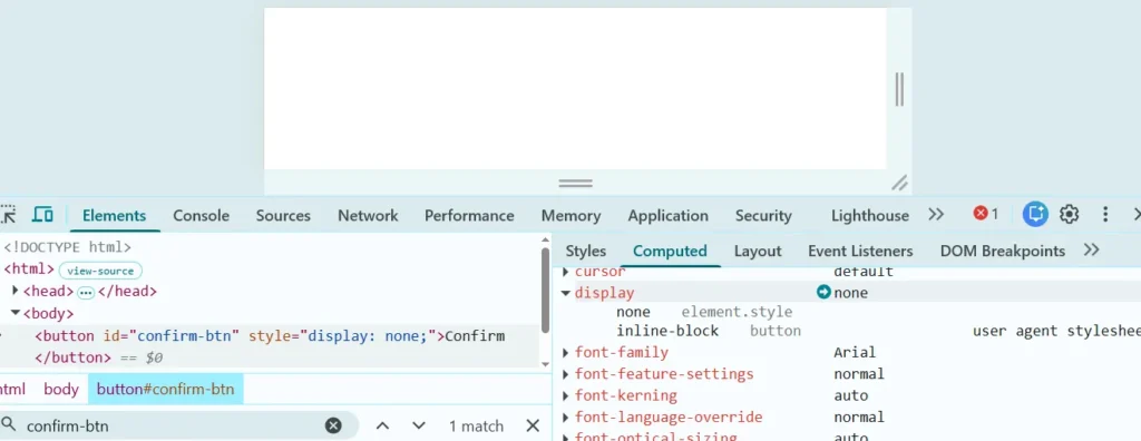 playwright-element-not-visible-css-display-none | Software Testing Tutorials Chrome DevTools computed style panel showing display none causing a Playwright element not visible error