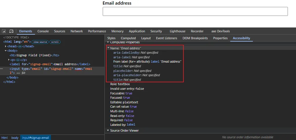 accessible-name-computed-chrome-devtools | Software Testing Tutorials Chrome DevTools accessibility pane showing a computed accessible name on a form input