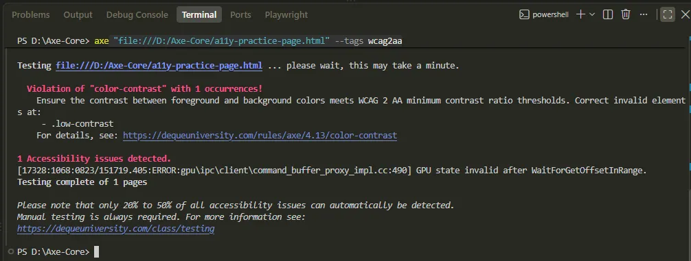 axe-core-cli-wcag2aa-scan | Software Testing Tutorials axe-core CLI terminal output for a WCAG 2.1 AA tagged scan