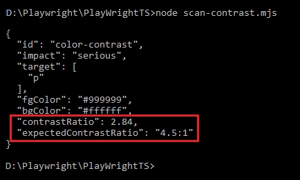 axe-core-color-contrast-error-fix-json-output | Software Testing Tutorials axe-core JSON output showing a color contrast error fix diagnostic with a 2.84 contrast ratio