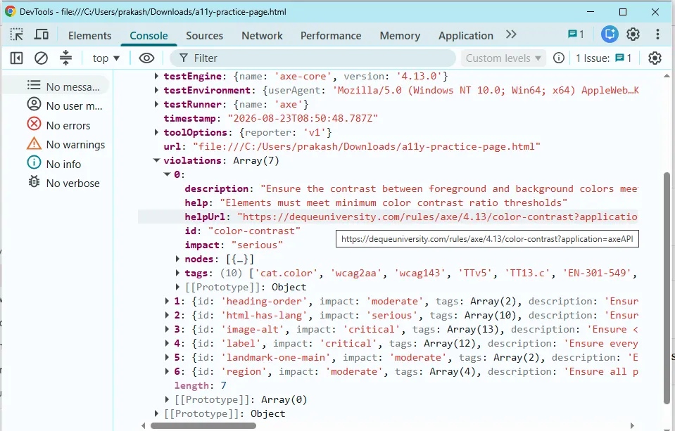 axe-core-tutorial-scan-results | Software Testing Tutorials axe-core tutorial console scan showing seven violations and zero incomplete results
