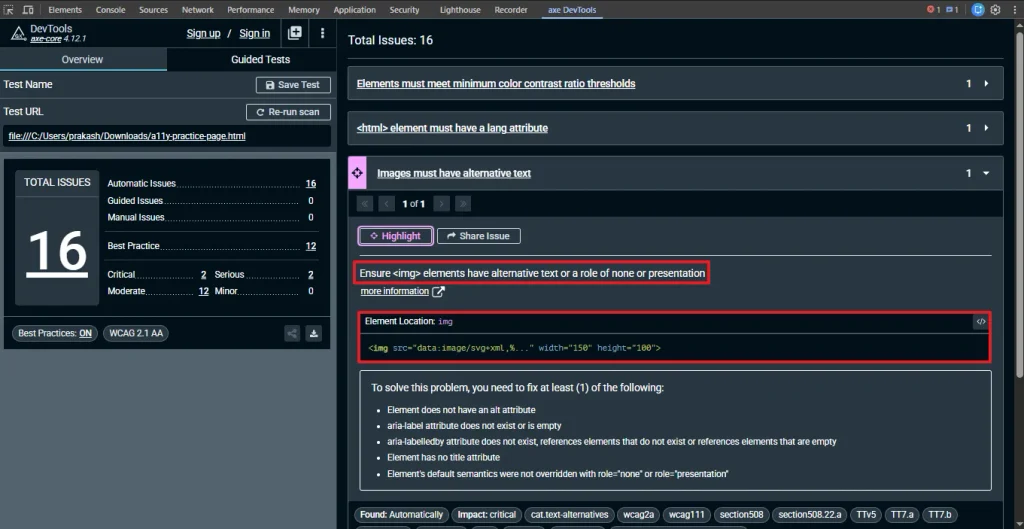 axe-devtools-extension-image-alt-issue | Software Testing Tutorials axe DevTools browser extension expanding an image alt text violation with fix guidance