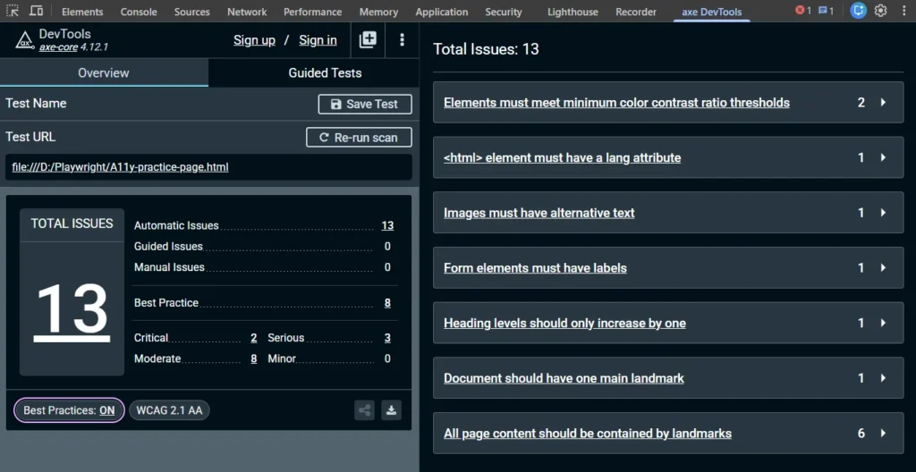 axe-devtools-extension-scan-comparison-v1 | Software Testing Tutorials axe DevTools extension results panel showing seven accessibility violations detected
