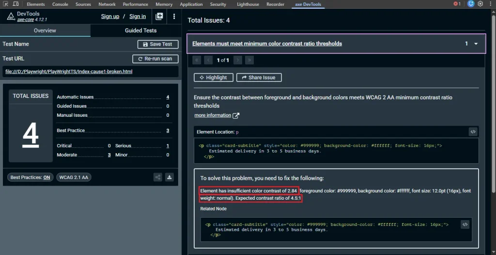 axe-devtools-gray-text-contrast-violation | Software Testing Tutorials axe DevTools extension flagging a gray text color contrast violation