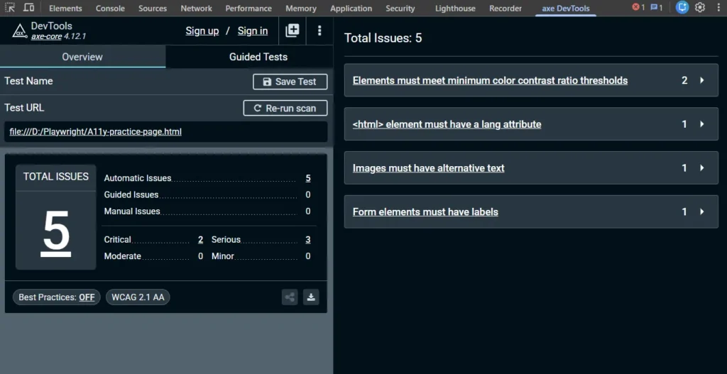 axe-devtools-wcag-filter-comparison | Software Testing Tutorials axe DevTools Best Practices toggle showing playwright wcag testing scope narrowed to four rules
