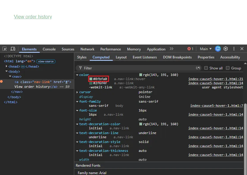 browser-devtools-hover-state-contrast-check | Software Testing Tutorials Browser devtools showing computed color values for a forced hover state contrast check