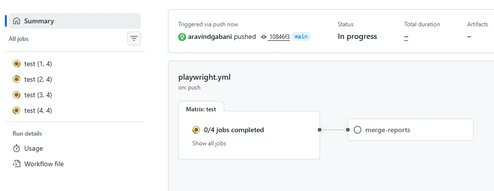 github-actions-sharded-tests-parallel-execution | Software Testing Tutorials GitHub Actions workflow run showing 4 sharded test jobs running in parallel, feeding into a merge-reports job