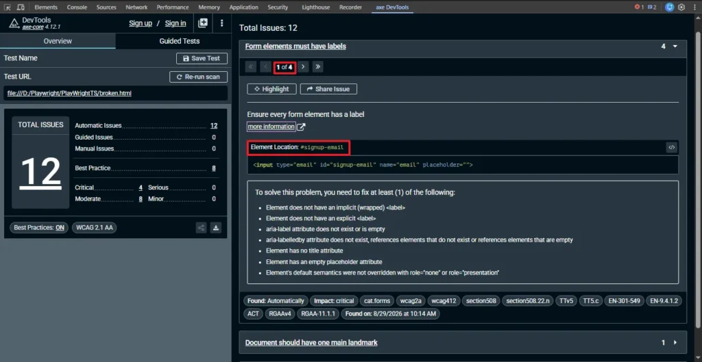 missing-form-label-accessibility-axe-devtools-violations | Software Testing Tutorials axe DevTools panel showing a missing form label accessibility violation flagged across multiple form inputs