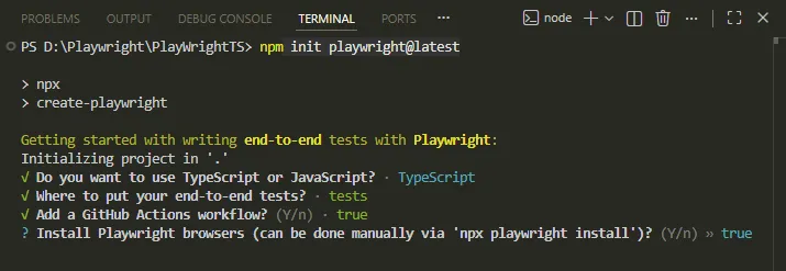 npm-init-playwright-latest-setup-prompts | Software Testing Tutorials Terminal showing the interactive setup prompts from npm init playwright@latest