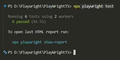 npx-playwright-test-terminal-passing-summary | Software Testing Tutorials Terminal output showing npx playwright test running 6 tests across 2 workers, all passing in 41.5 seconds