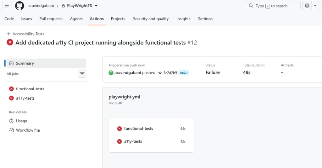 playwright-a11y-dedicated-ci-job-v1 | Software Testing Tutorials GitHub Actions run showing a dedicated a11y job running alongside a functional test job