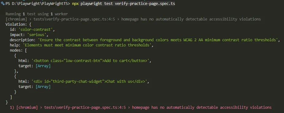 playwright-accessibility-testing-axe-violation-output-v1 | Software Testing Tutorials Playwright accessibility testing console output showing an axe-core violation object