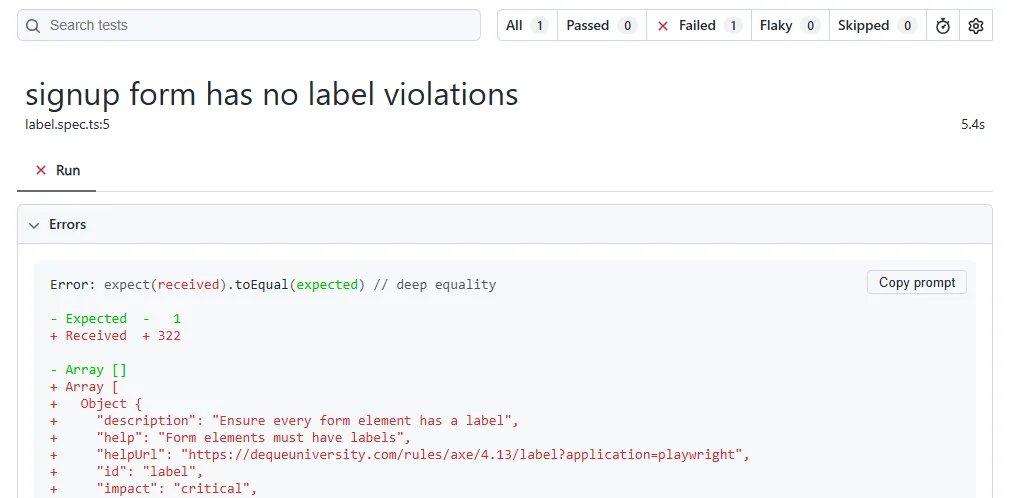 playwright-axe-label-rule-ci-failure | Software Testing Tutorials Playwright test output failing an axe-core label rule check in CI