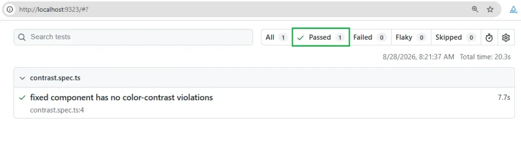 playwright-axebuilder-color-contrast-passing-report | Software Testing Tutorials Playwright HTML report showing a passing axe color-contrast rule check after the fix
