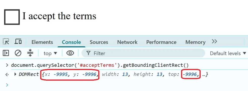DevTools showing a checkbox's bounding rectangle positioned outside the browser viewport