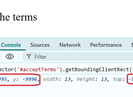 playwright-checkbox-off-screen-devtools | Software Testing Tutorials DevTools showing a checkbox's bounding rectangle positioned outside the browser viewport