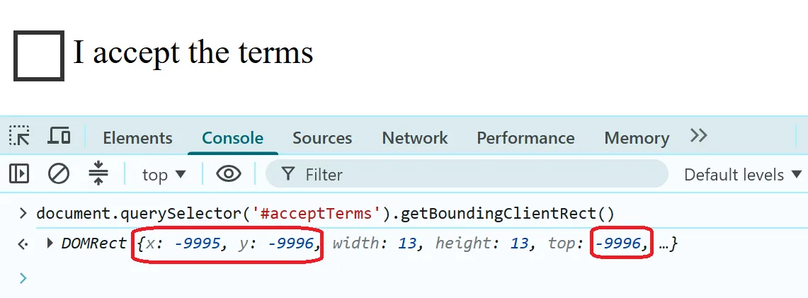 DevTools showing a hidden checkbox positioned outside the viewport with CSS