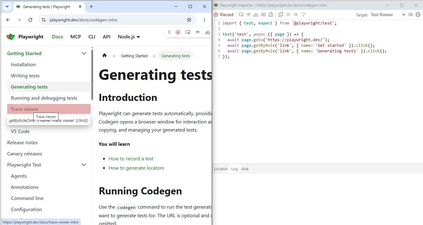 playwright-codegen-browser-inspector-side-by-side | Software Testing Tutorials Playwright Codegen running with the browser window on the left and the Inspector generating role-based locator code on the right