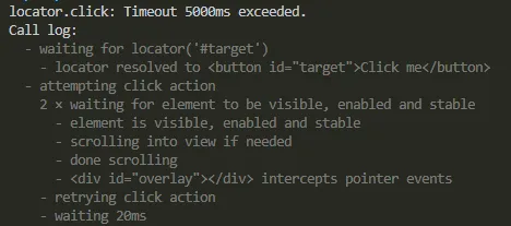 playwright-element-click-intercepted-terminal-log | Software Testing Tutorials Playwright element click intercepted error shown in terminal output