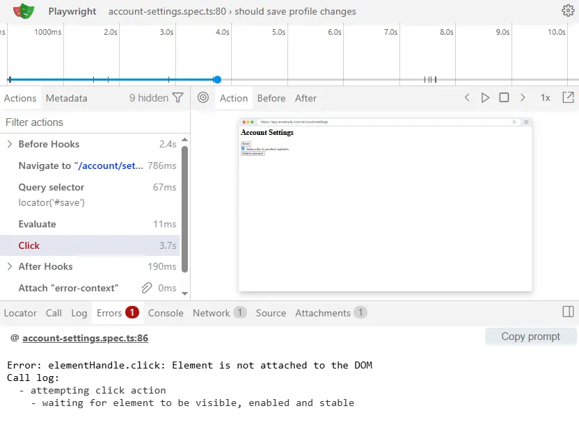 playwright-element-is-not-attached-to-the-dom-trace-viewer | Software Testing Tutorials Trace Viewer showing element is not attached to the dom playwright error