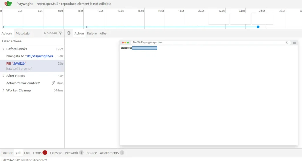 playwright-element-is-not-editable-disabled-attribute | Software Testing Tutorials Playwright element is not editable due to disabled attribute in Trace Viewer