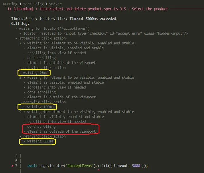 playwright element is outside of the viewport error shown in terminal log