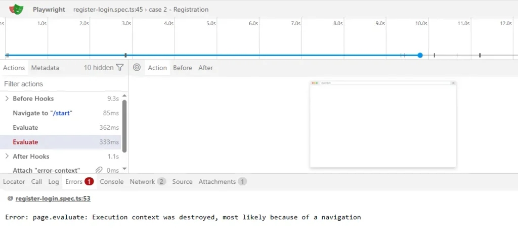 playwright-execution-context-was-destroyed-trace-viewer | Software Testing Tutorials Trace Viewer showing execution context was destroyed most likely because of a navigation