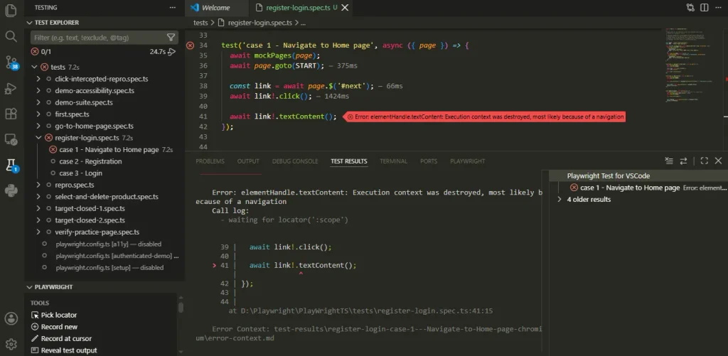 playwright-execution-context-was-destroyed-vscode-error | Software Testing Tutorials VS Code error showing a cached ElementHandle causing execution context was destroyed