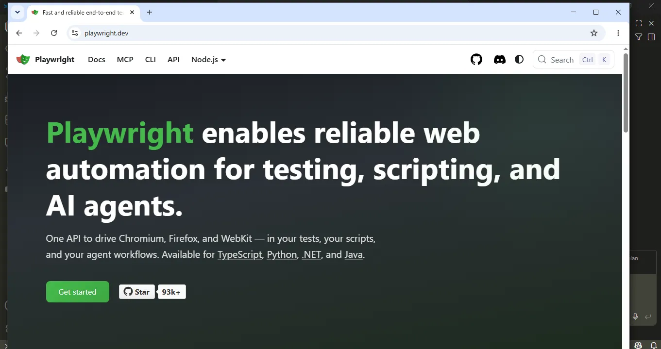 playwright-headed-mode-browser-window | Software Testing Tutorials Chromium browser window opened by Playwright during a headed test run, navigating to playwright.dev