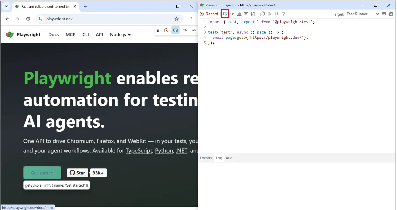 playwright-inspector-locator-picker-getbyrole | Software Testing Tutorials Playwright Inspector locator picker highlighting the Get Started button and showing the generated getByRole locator