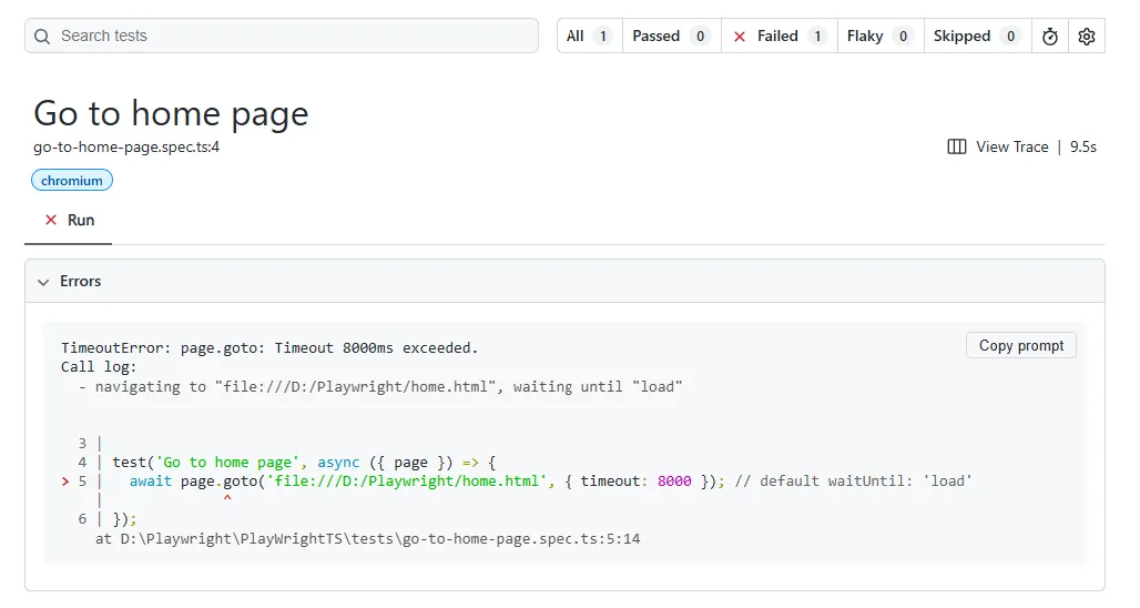 Playwright page.goto timeout error message in test report
