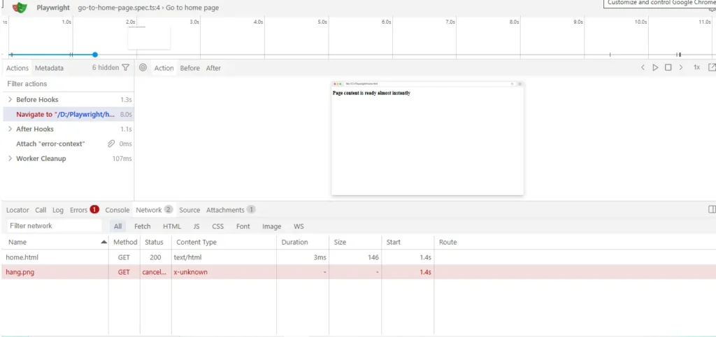 playwright-page-goto-timeout-trace-viewer-network-tab | Software Testing Tutorials Playwright page.goto timeout error shown in Trace Viewer with DOM already stable