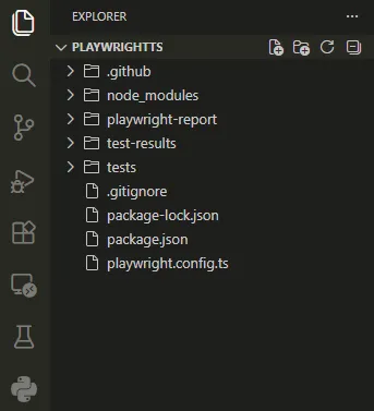 playwright-project-vscode-folder-structure | Software Testing Tutorials VS Code Explorer sidebar showing a Playwright project folder structure with tests, playwright-report, test-results, and playwright.config.ts