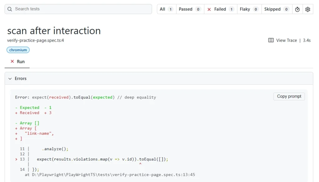 playwright-scan-after-interaction-link-name-violation-v2 | Software Testing Tutorials Playwright HTML report showing a failed link-name violation revealed only after clicking a menu