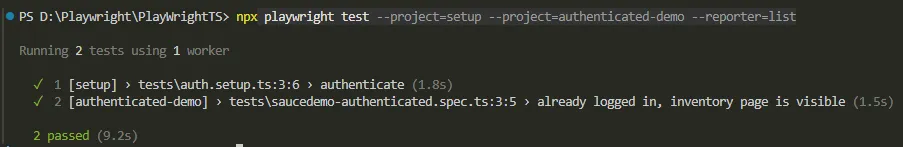 playwright-setup-project-runs-first-terminal | Software Testing Tutorials Terminal output showing the setup project authenticate test completing before the authenticated-demo test runs