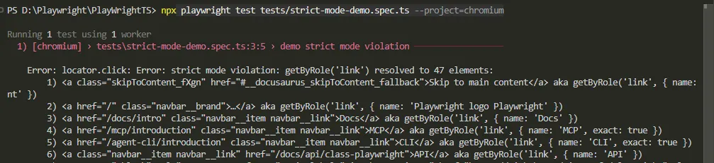 playwright-strict-mode-violation-real-error-terminal | Software Testing Tutorials Real terminal output showing a Playwright strict mode violation error with getByRole matching 47 elements