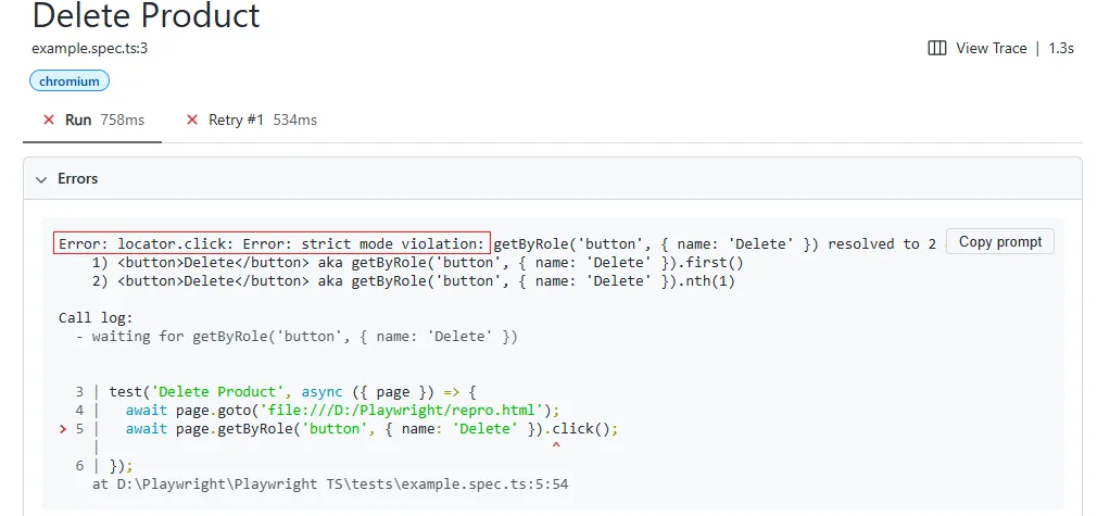 playwright-strict-mode-violation-terminal-error | Software Testing Tutorials playwright strict mode violation error message in Playwright HTML report.