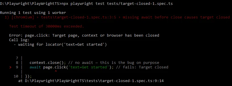 playwright target page context or browser has been closed error in terminal