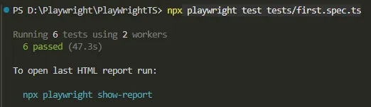 playwright-test-first-spec-6-passed-terminal | Software Testing Tutorials Terminal output showing npx playwright test tests/first.spec.ts passing 6 tests across 3 browsers