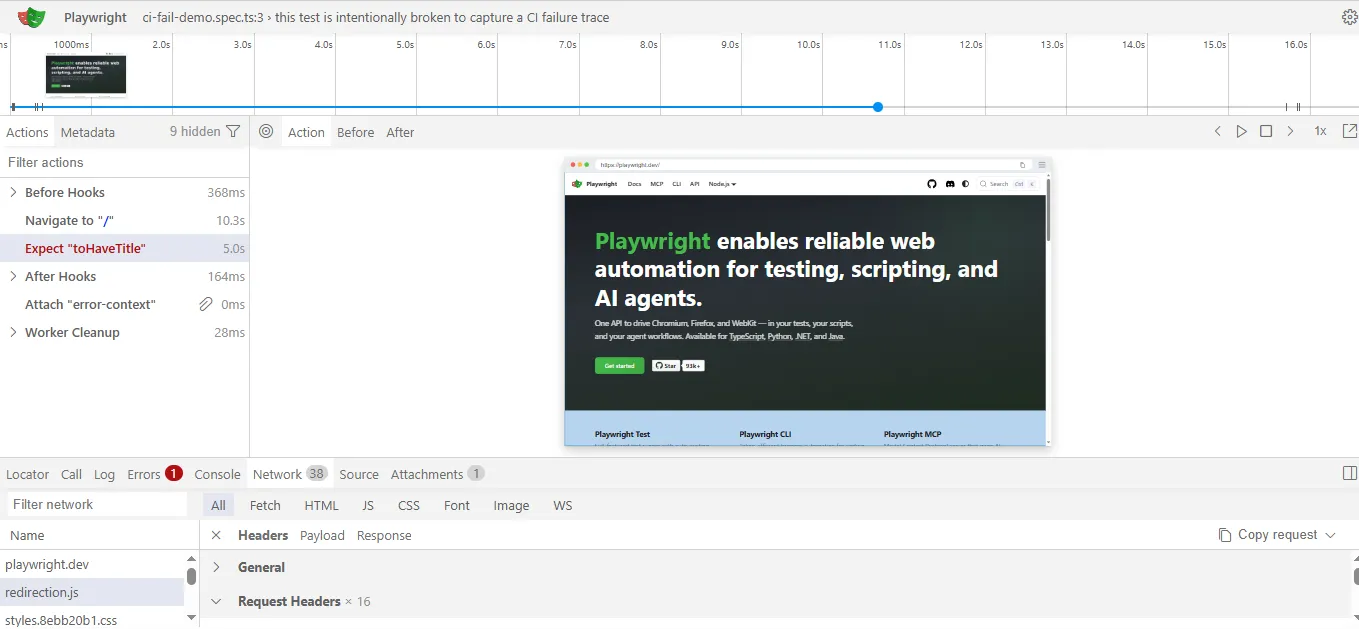 playwright-trace-viewer-ci-failure-timeline | Software Testing Tutorials Playwright Trace Viewer showing a failed CI test with the Expect toHaveTitle step highlighted in red on the action timeline