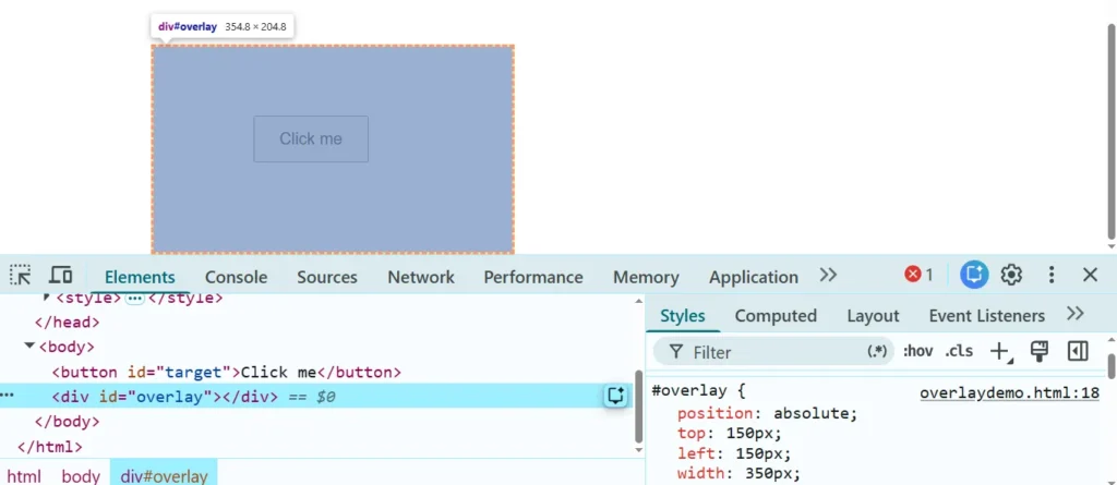 playwright-trace-viewer-click-intercepted-overlay | Software Testing Tutorials Overlay element covering a button in a playwright element click intercepted case, shown in DevTools