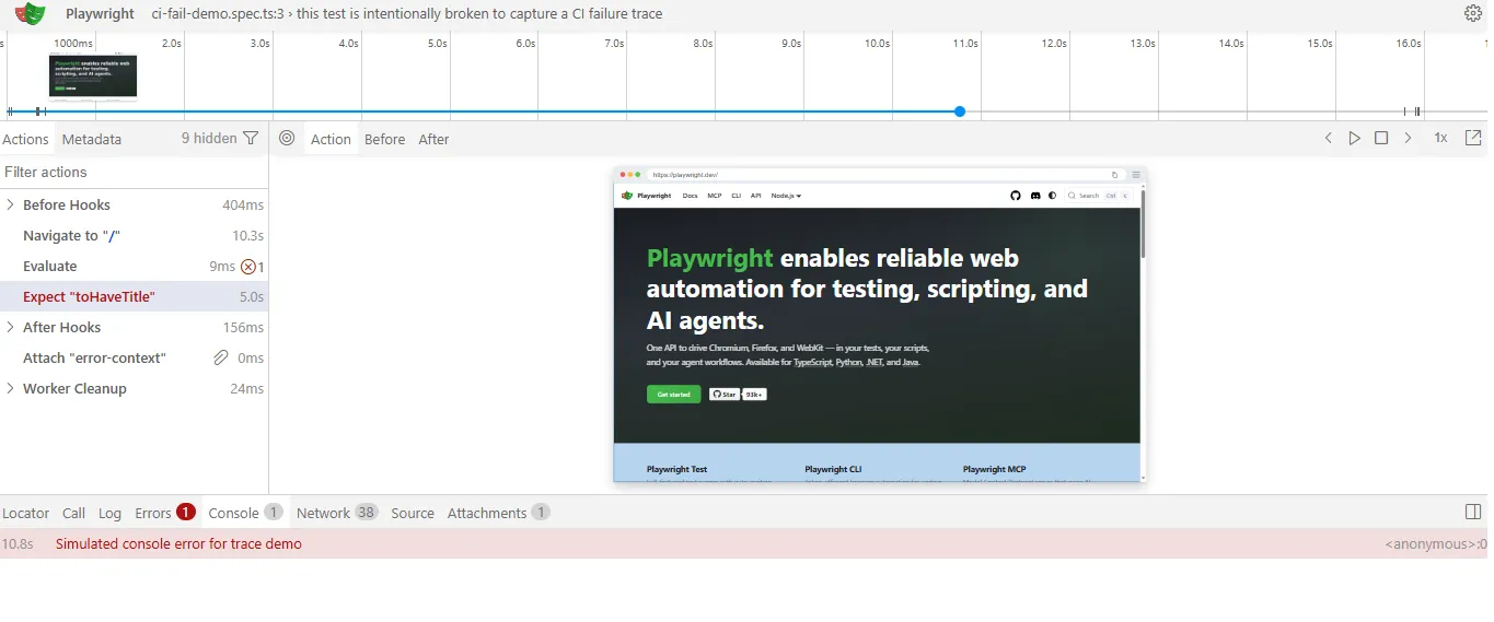 playwright-trace-viewer-console-error-panel | Software Testing Tutorials Playwright Trace Viewer Console tab showing a captured console error at the point of test failure