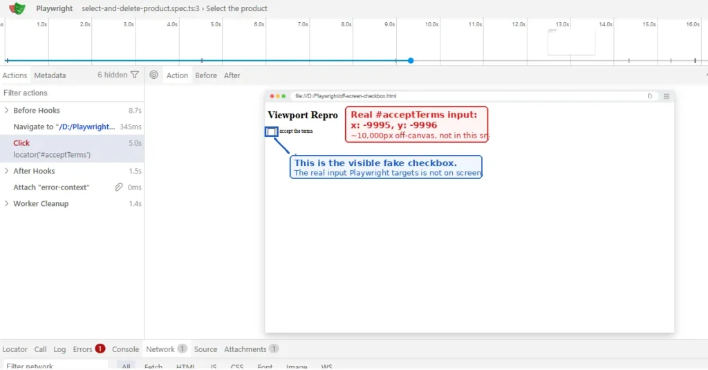 Playwright Trace Viewer showing an element's bounding box outside the viewport frame