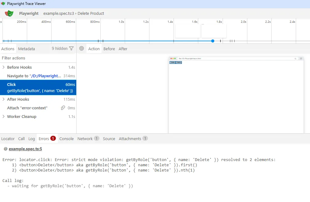 playwright-trace-viewer-multiple-matched-elements | Software Testing Tutorials playwright trace viewer showing multiple matched elements for a strict mode error
